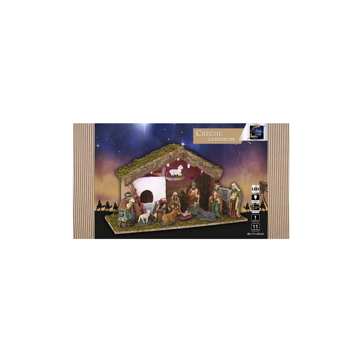 Fééric Lights & Christmas - Crèche de Noël lumineuse en Bois 5 LED et 11 Santons en Porcelaine - Imagen 3