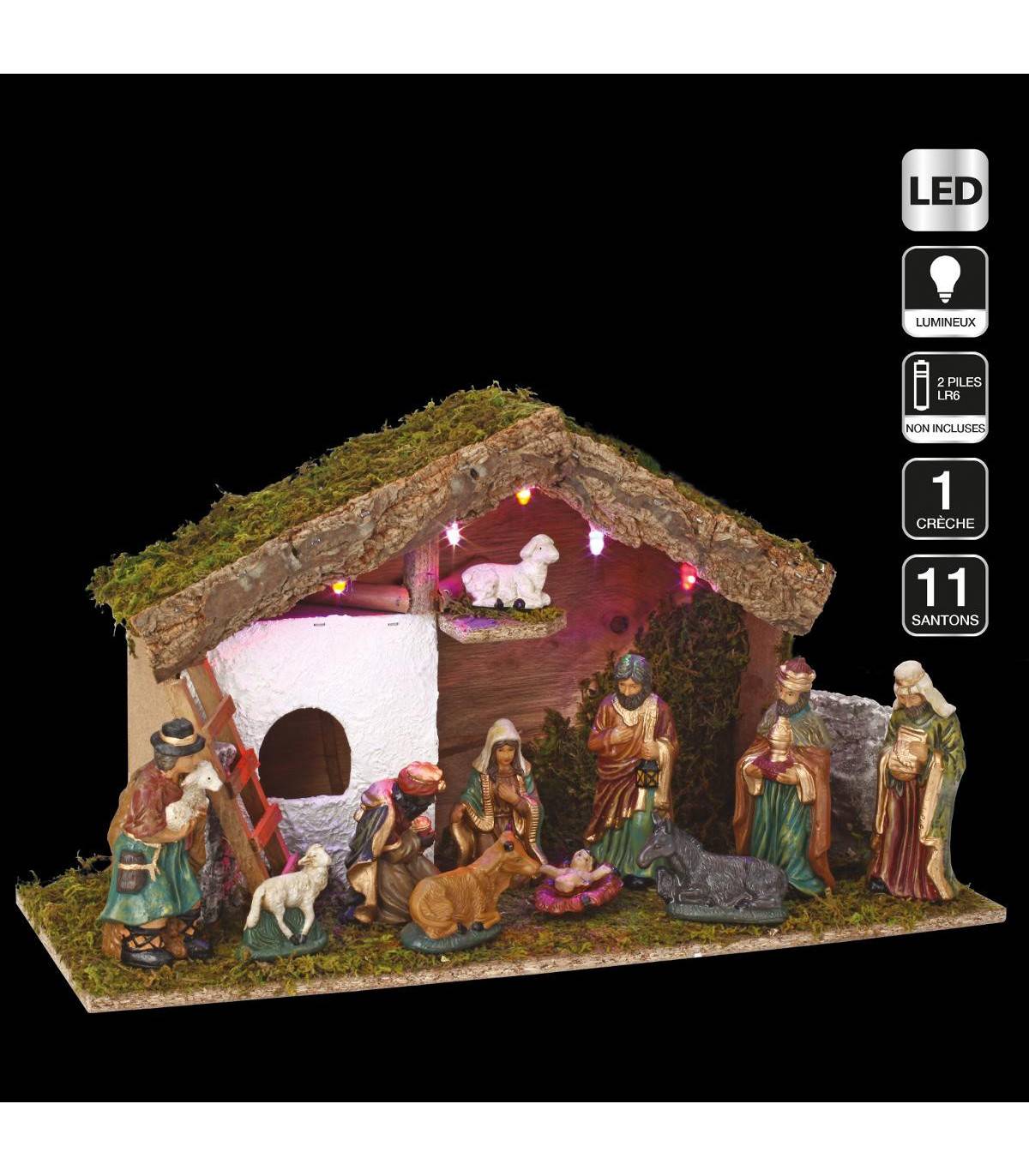 Fééric Lights & Christmas - Crèche de Noël lumineuse en Bois 5 LED et 11 Santons en Porcelaine - Imagen 1