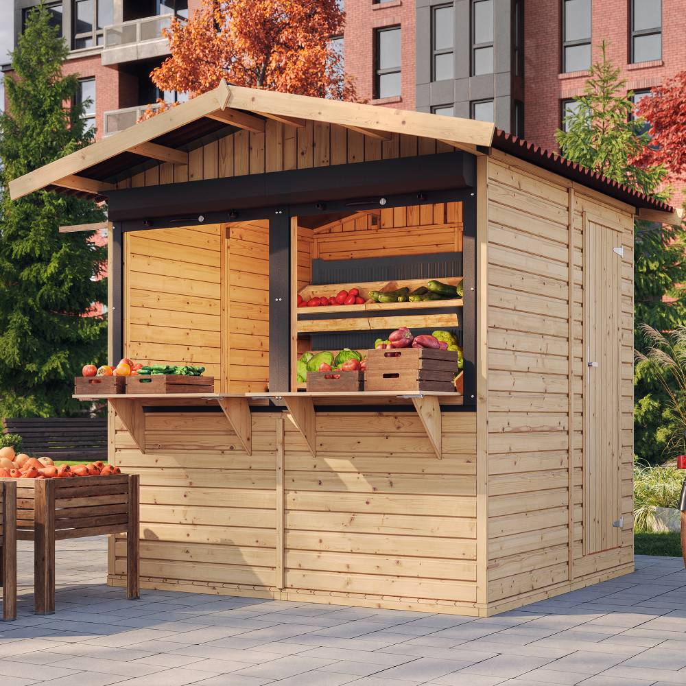 Timbela - Maison de jardin en bois H232x253x263 cm / 4 m² - Étal de marché en bois avec comptoir - Bar jardin - 17 mm d’épaisseur - Timbela M149Z