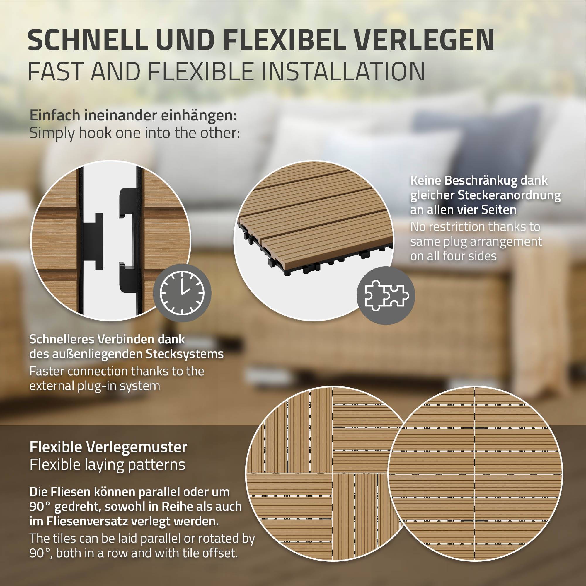 Ecd-Germany - Carrelage terrasse dalles 30 x 30 cm 4 m² aspect bois WPC teak - Imagen 5