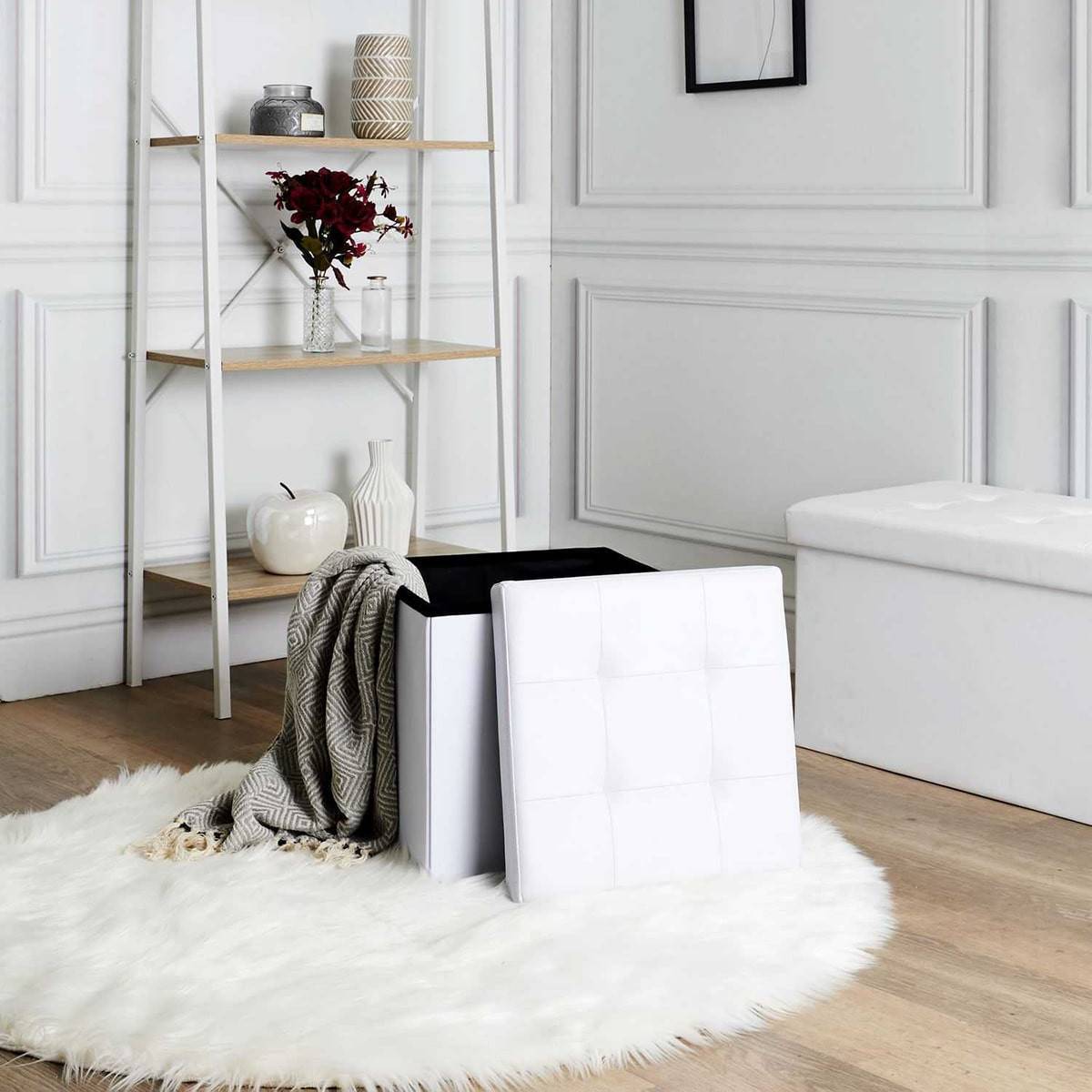ALTOBUY - Pouf Coffre Pliable Carré Simili Cuir Blanc Capitonné - RONNY - Image 4