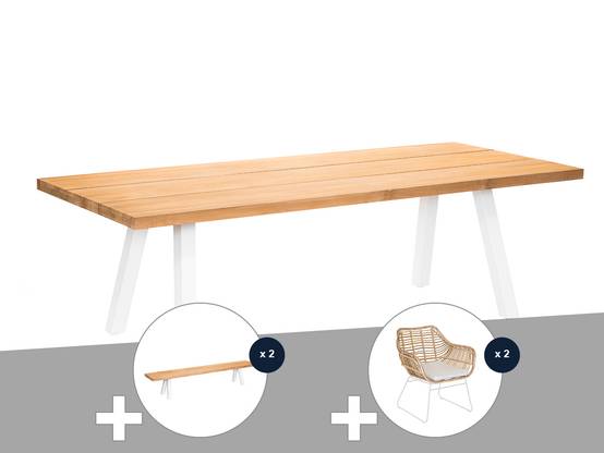 Ensemble table de jardin en teck Seychelles + 2 bancs en teck + 2 fauteuils - 10 places - Jardiline - Image 1