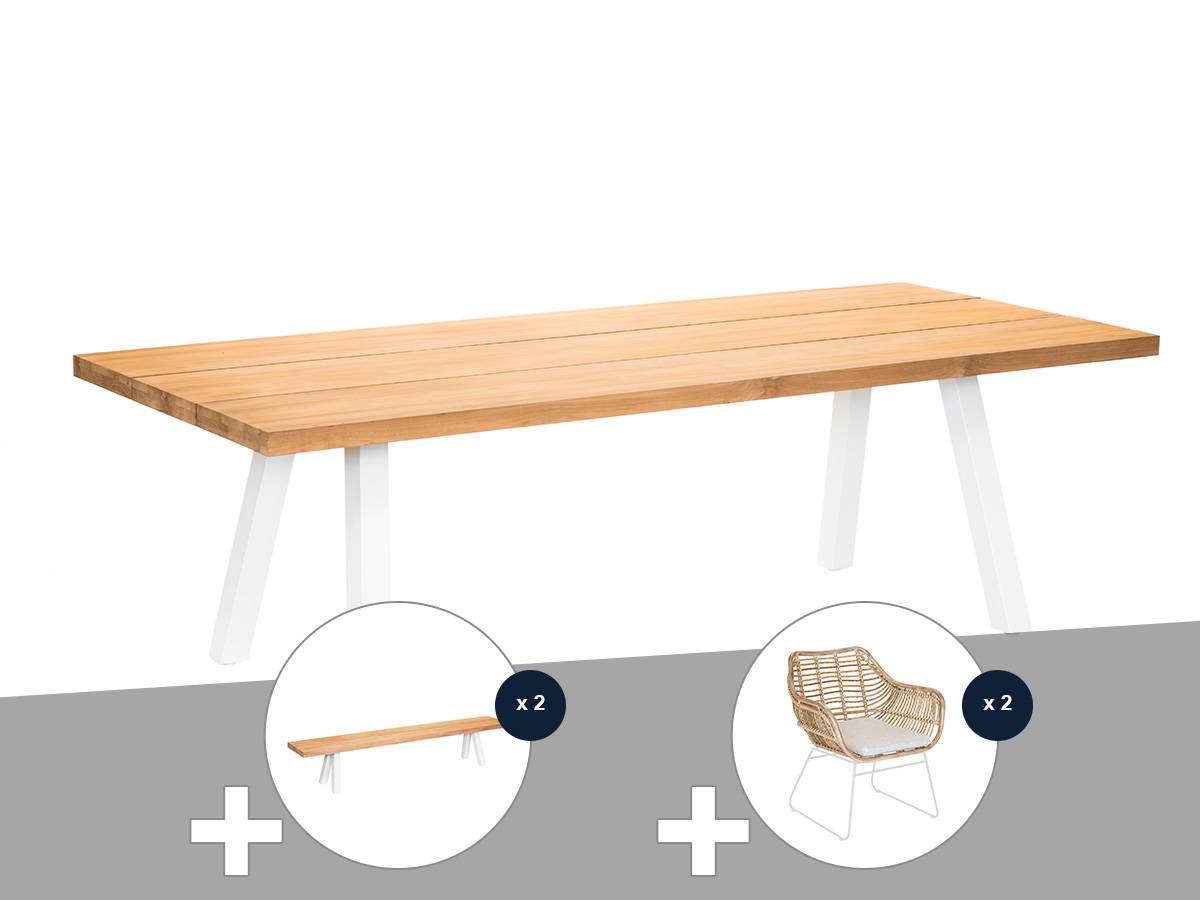 Ensemble table de jardin en teck Seychelles + 2 bancs en teck + 2 fauteuils - 10 places - Jardiline - Image 1
