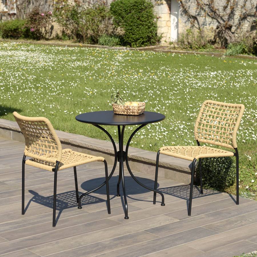 Macabane - VIANNEY - Salon de jardin 2 personnes en acier noir - 1 table ronde 70x70cm et 2 chaises en cordage tressé beige - Imagen 3