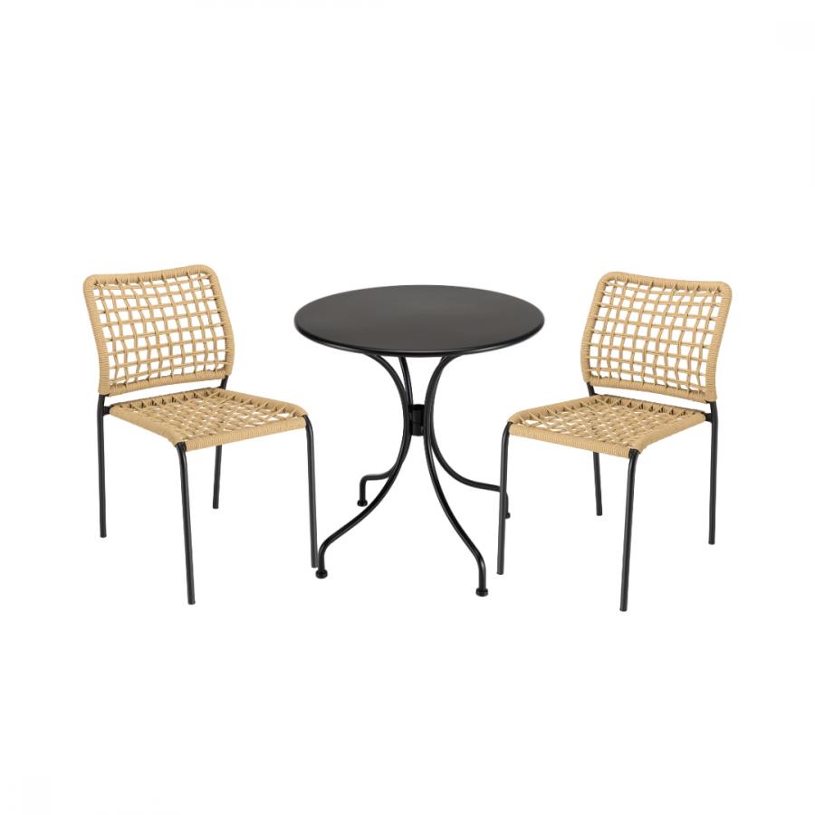 Macabane - VIANNEY - Salon de jardin 2 personnes en acier noir - 1 table ronde 70x70cm et 2 chaises en cordage tressé beige - Imagen 1