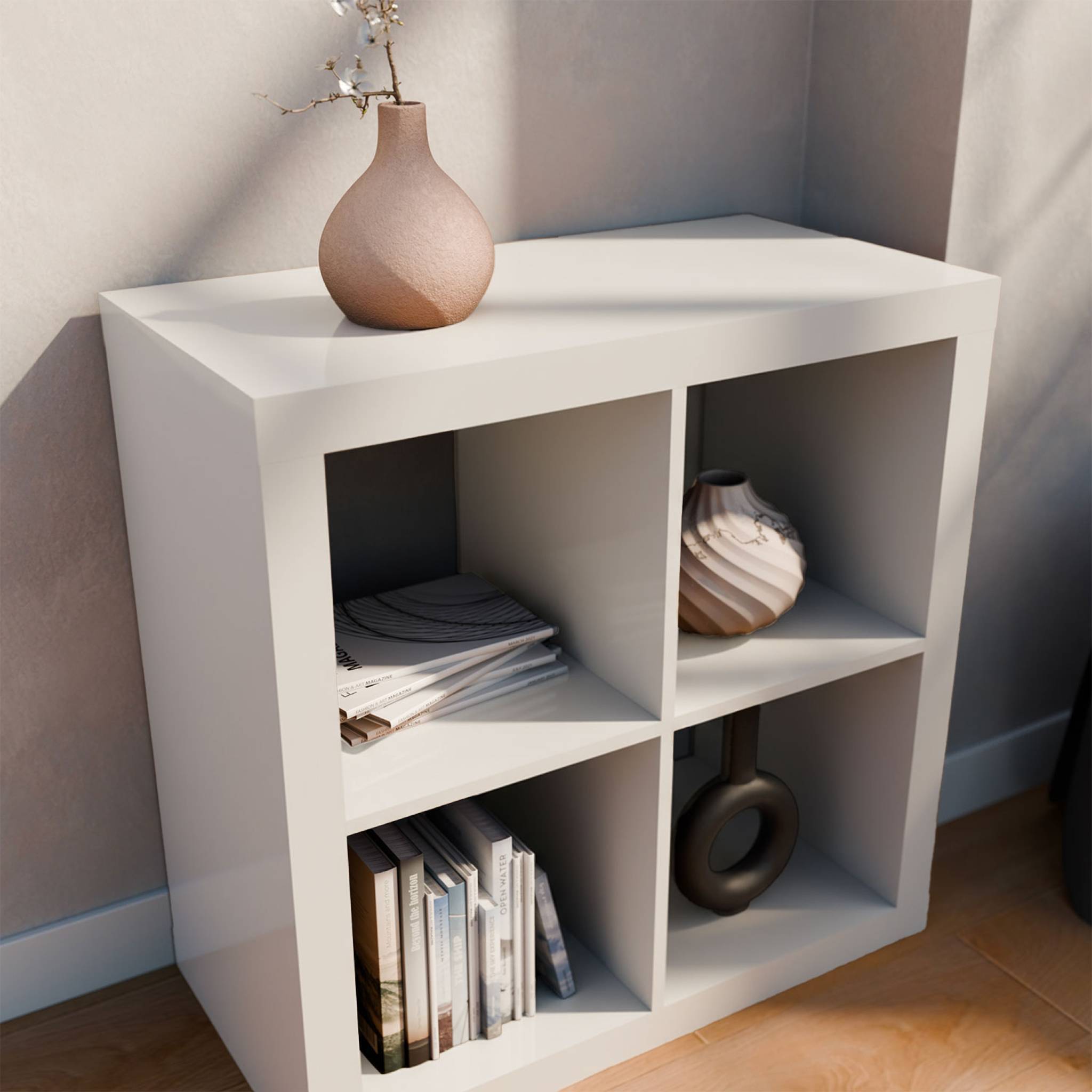 sweeek - Etagère bibliothèque cubique 2 niveaux 4 compartiments. casiers. effet bois blanc. L 76 x P 39 x H 76cm | sweeek - Image 5