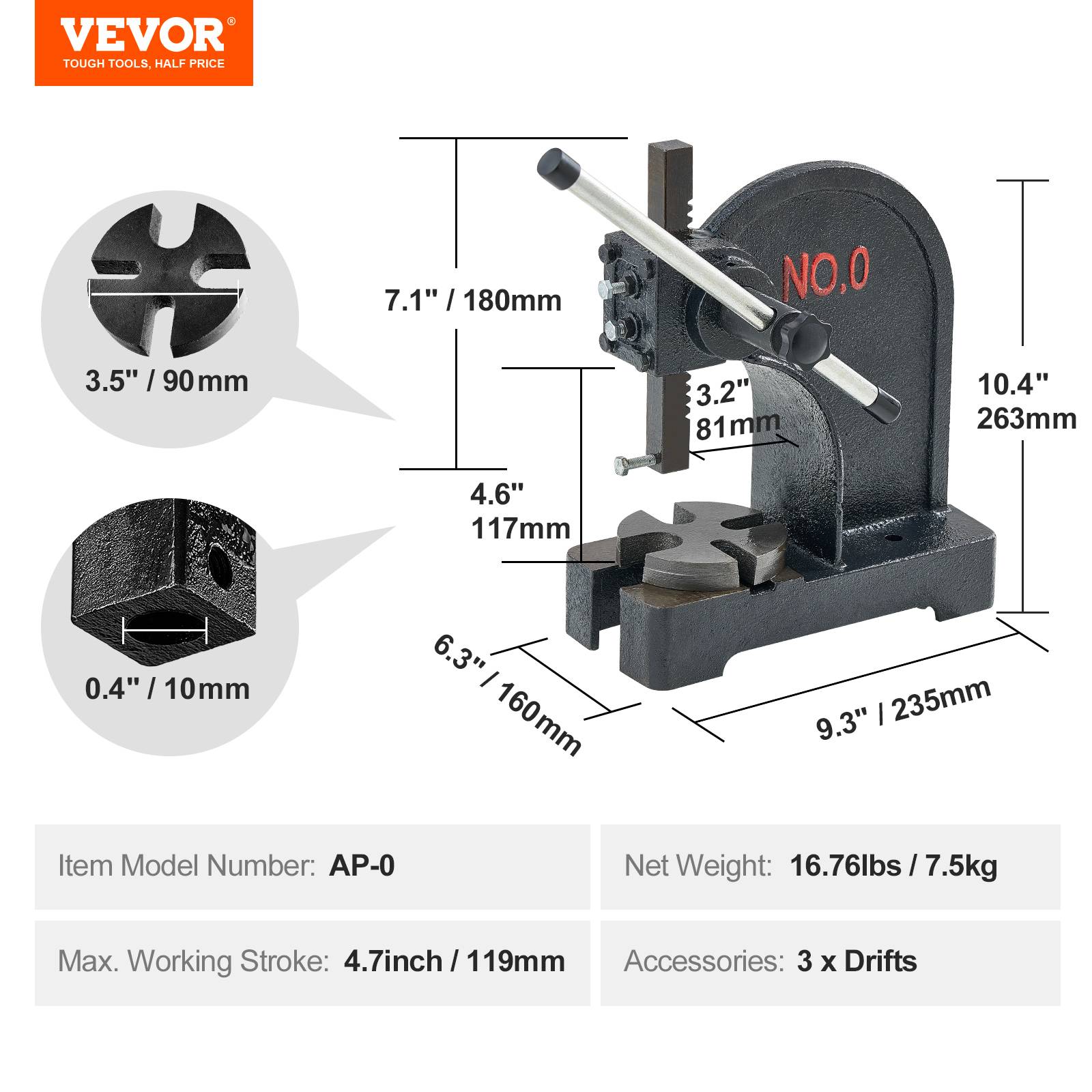Vevor - VEVOR Presse à crémaillère 0,5 tonne, presse manuelle en fonte, course 119 mm, plaque 90 mm, 3 dérives incluses, pour estampage et formage. - Image 6
