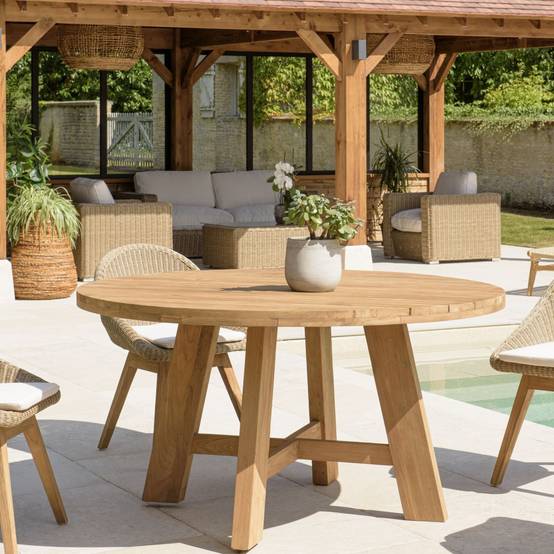 KALLY - Table à manger de jardin ronde 150x150cm en bois teck recyclé - Image 2