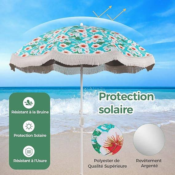Parasol Plage 200 cm avec Franges, Parasol de Jardin Extérieur Inclinable, Tissu en Revêtement Argenté, Pied d'Ancrage à Visser - Image 3