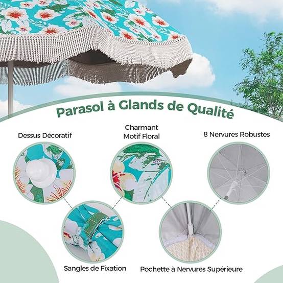 Parasol Plage 200 cm avec Franges, Parasol de Jardin Extérieur Inclinable, Tissu en Revêtement Argenté, Pied d'Ancrage à Visser - Image 5