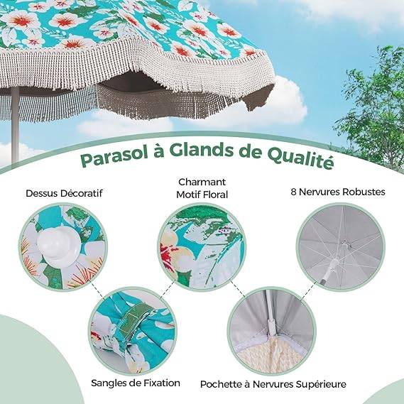 Parasol Plage 200 cm avec Franges, Parasol de Jardin Extérieur Inclinable, Tissu en Revêtement Argenté, Pied d'Ancrage à Visser - Image 5