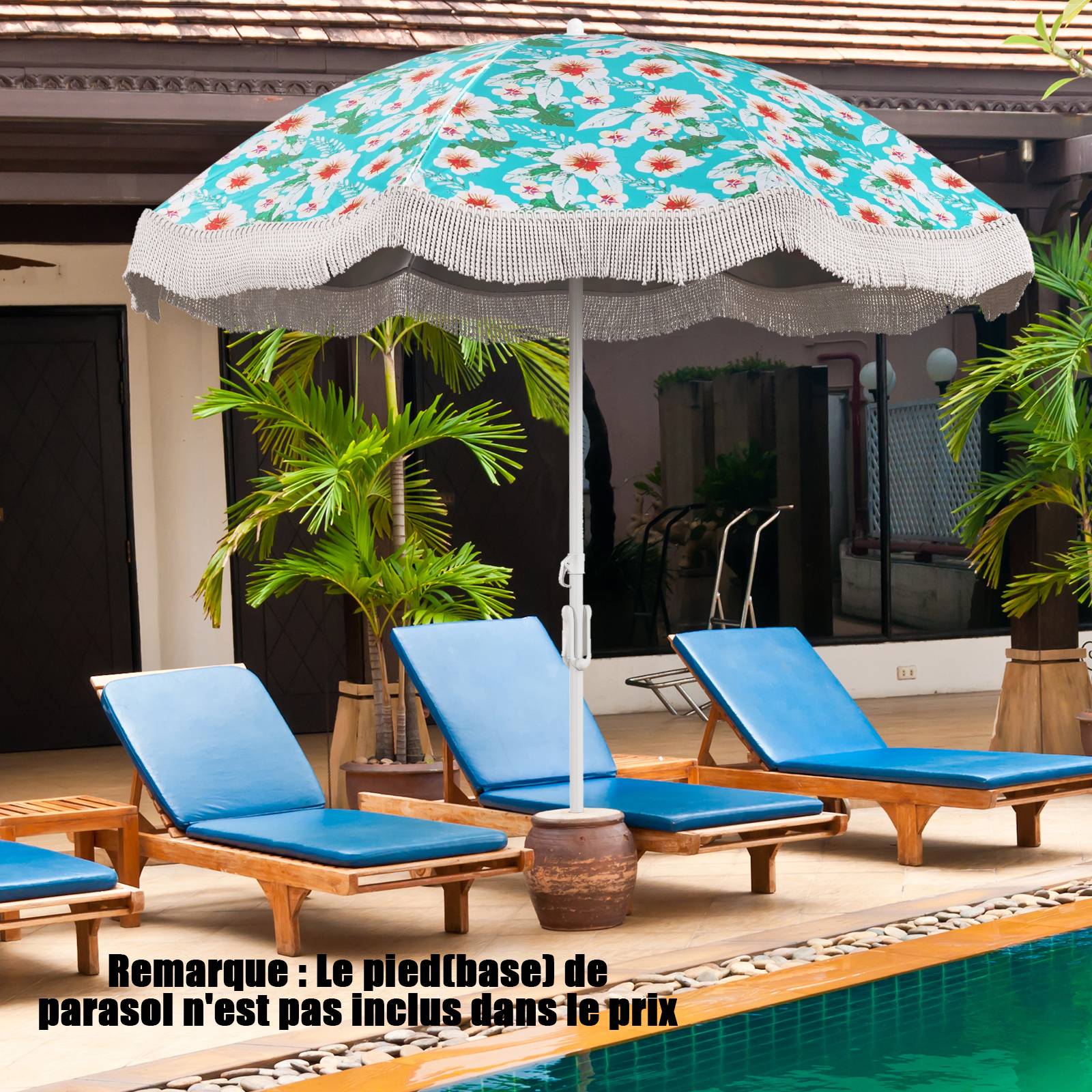 Parasol Plage 200 cm avec Franges, Parasol de Jardin Extérieur Inclinable, Tissu en Revêtement Argenté, Pied d'Ancrage à Visser - Image 2
