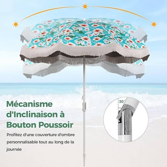 Parasol Plage 200 cm avec Franges, Parasol de Jardin Extérieur Inclinable, Tissu en Revêtement Argenté, Pied d'Ancrage à Visser - Image 4