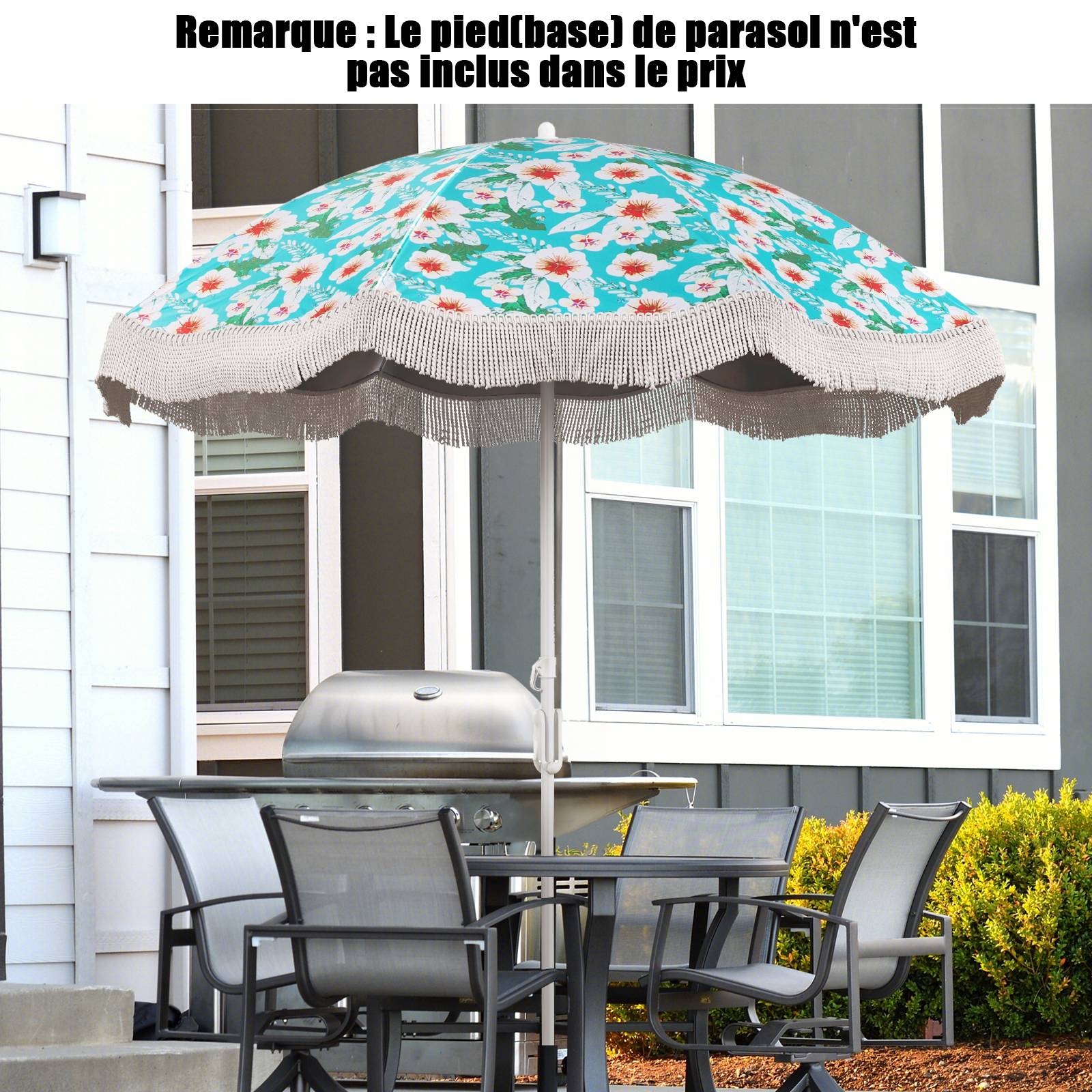 Parasol Plage 200 cm avec Franges, Parasol de Jardin Extérieur Inclinable, Tissu en Revêtement Argenté, Pied d'Ancrage à Visser - Image 7
