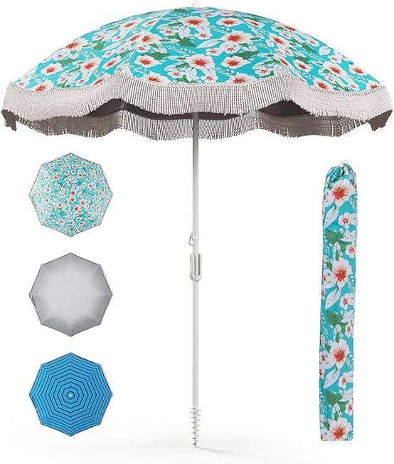 Parasol Plage 200 cm avec Franges, Parasol de Jardin Extérieur Inclinable, Tissu en Revêtement Argenté, Pied d'Ancrage à Visser - Image 1