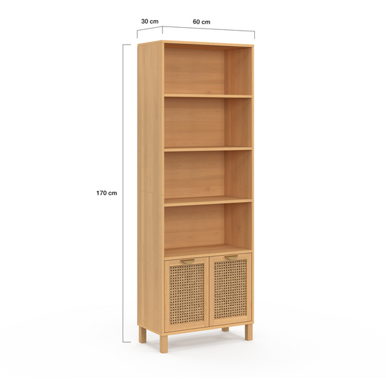 Etagère bibliothèque 4 niveaux avec placard EDHEN cannage et bois - Image 5