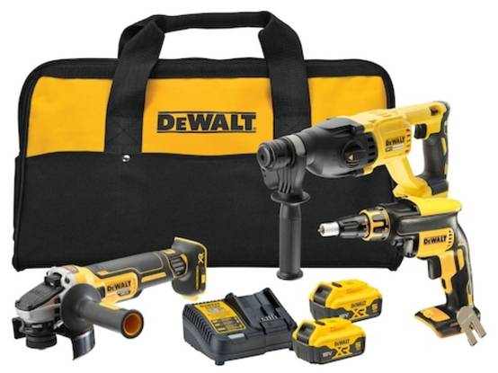 Kit 3 outils XR 18V 5Ah brushless DEWALT Tournevis DCF620 + Marteau perforateur DCH133 + Meuleuse d'angle DCG405 - DCK304P2-QW - Image 1