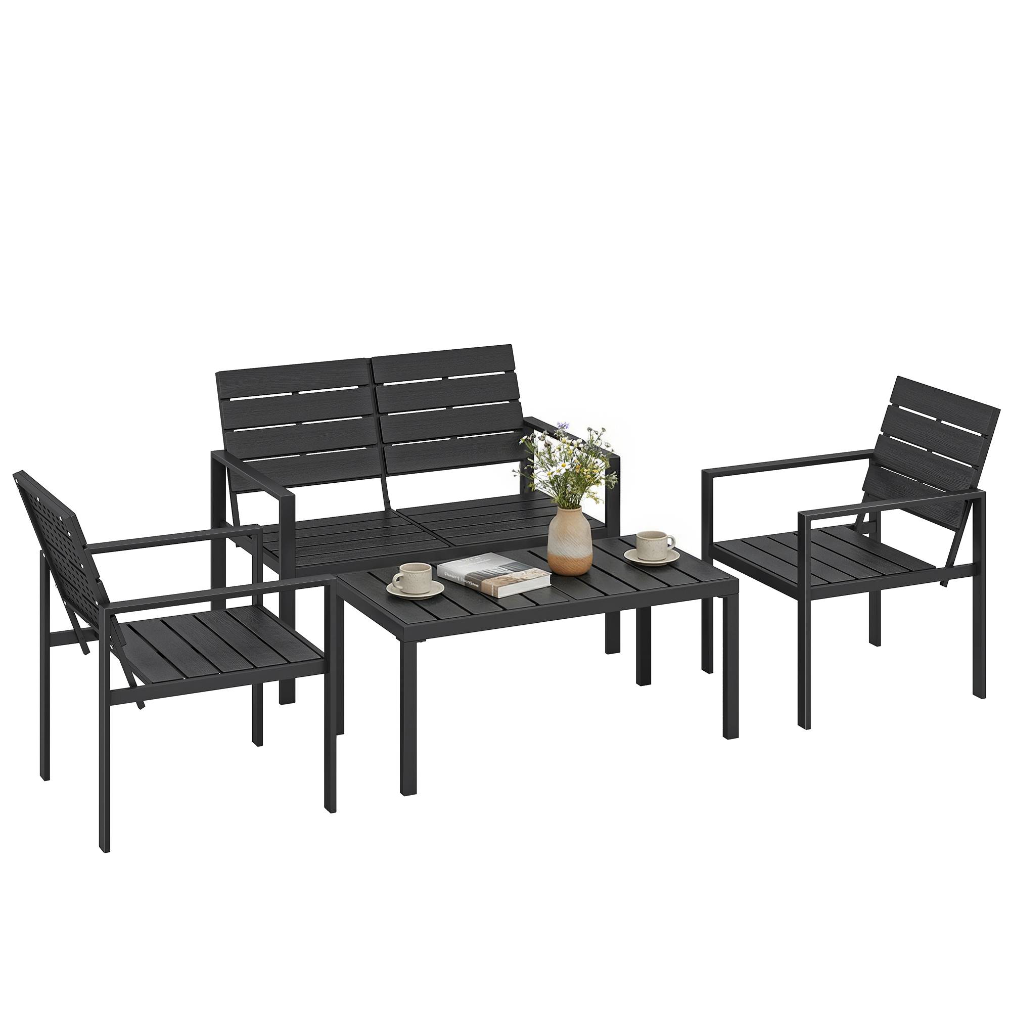 Salon de jardin extérieur 4 pièces canapé 2 places, 2 chaises et table basse, mobilier de jardin terrasse veranda, noir