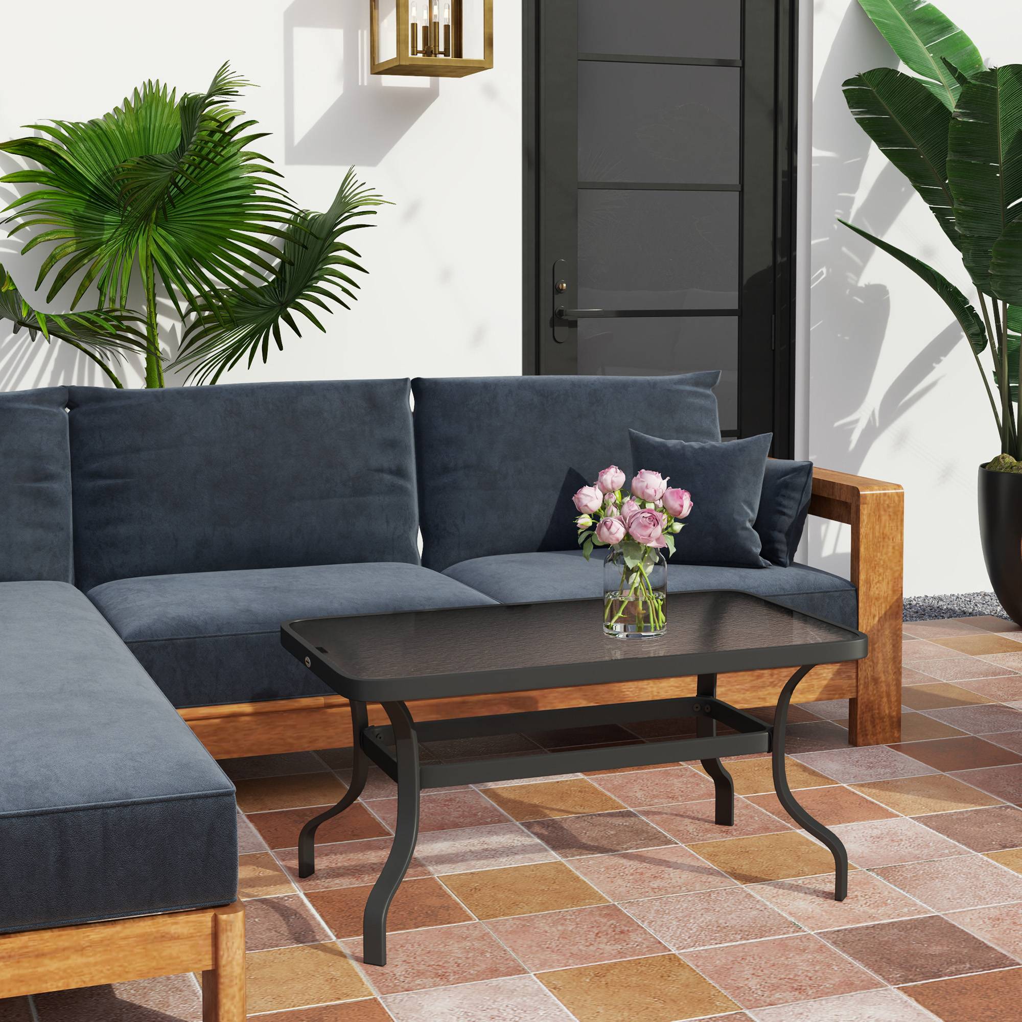 Table basse de jardin table d'appoint de patio avec plateau en verre trempé design à ondulations 95 x 55 x 46 cm noir - Image 4