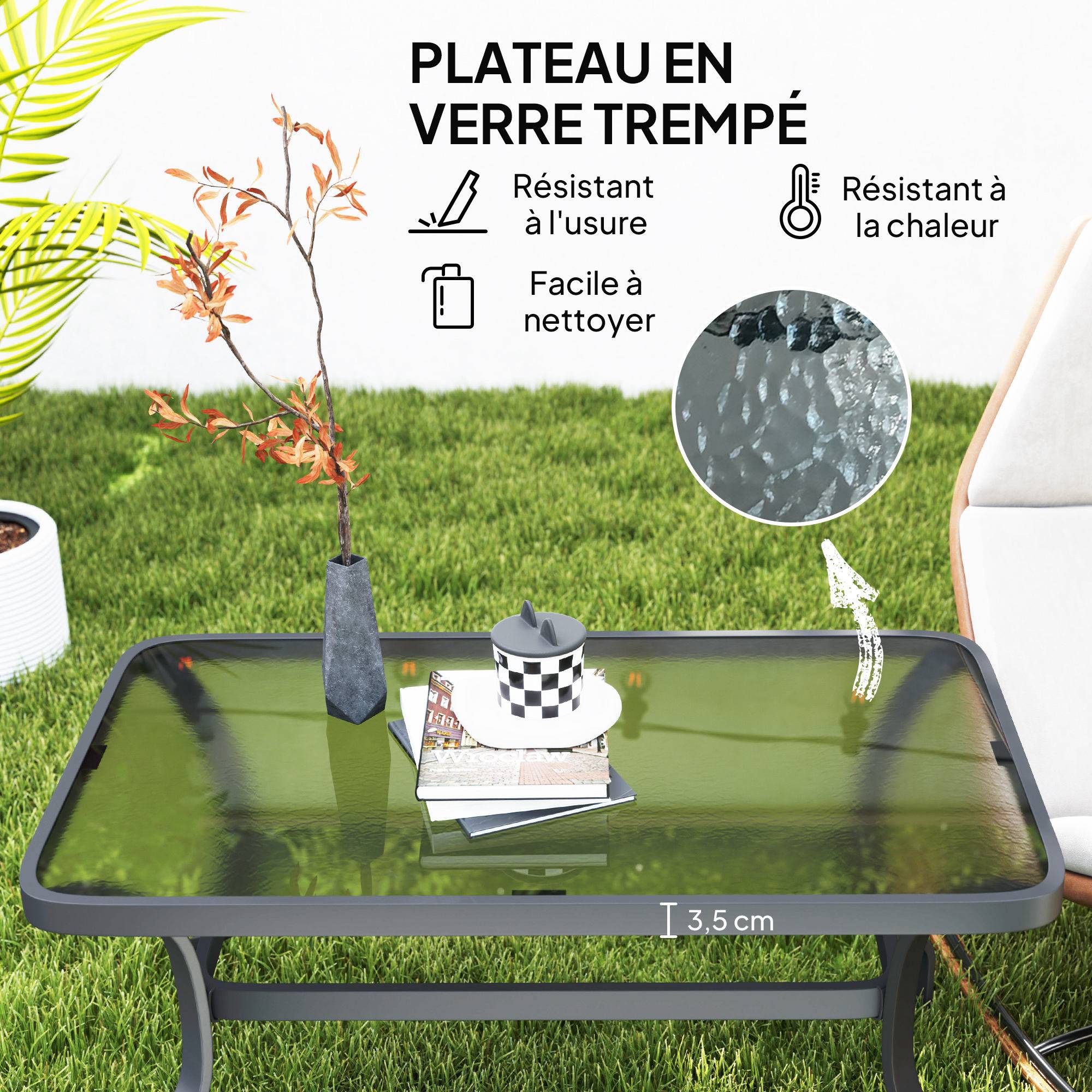 Table basse de jardin table d'appoint de patio avec plateau en verre trempé design à ondulations 95 x 55 x 46 cm noir - Image 6