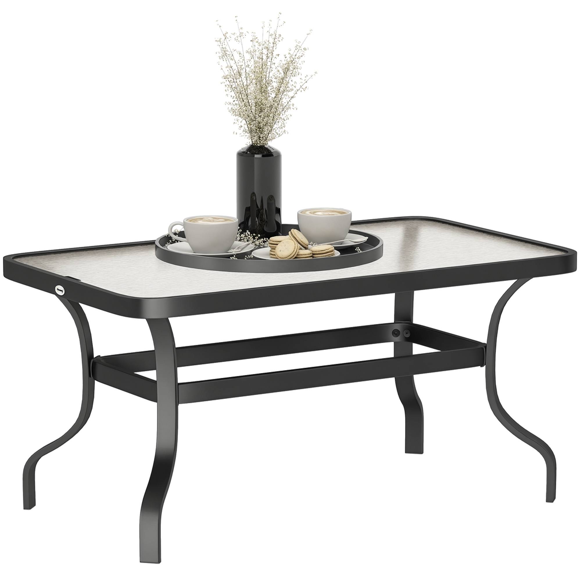 Table basse de jardin table d'appoint de patio avec plateau en verre trempé design à ondulations 95 x 55 x 46 cm noir - Image 1