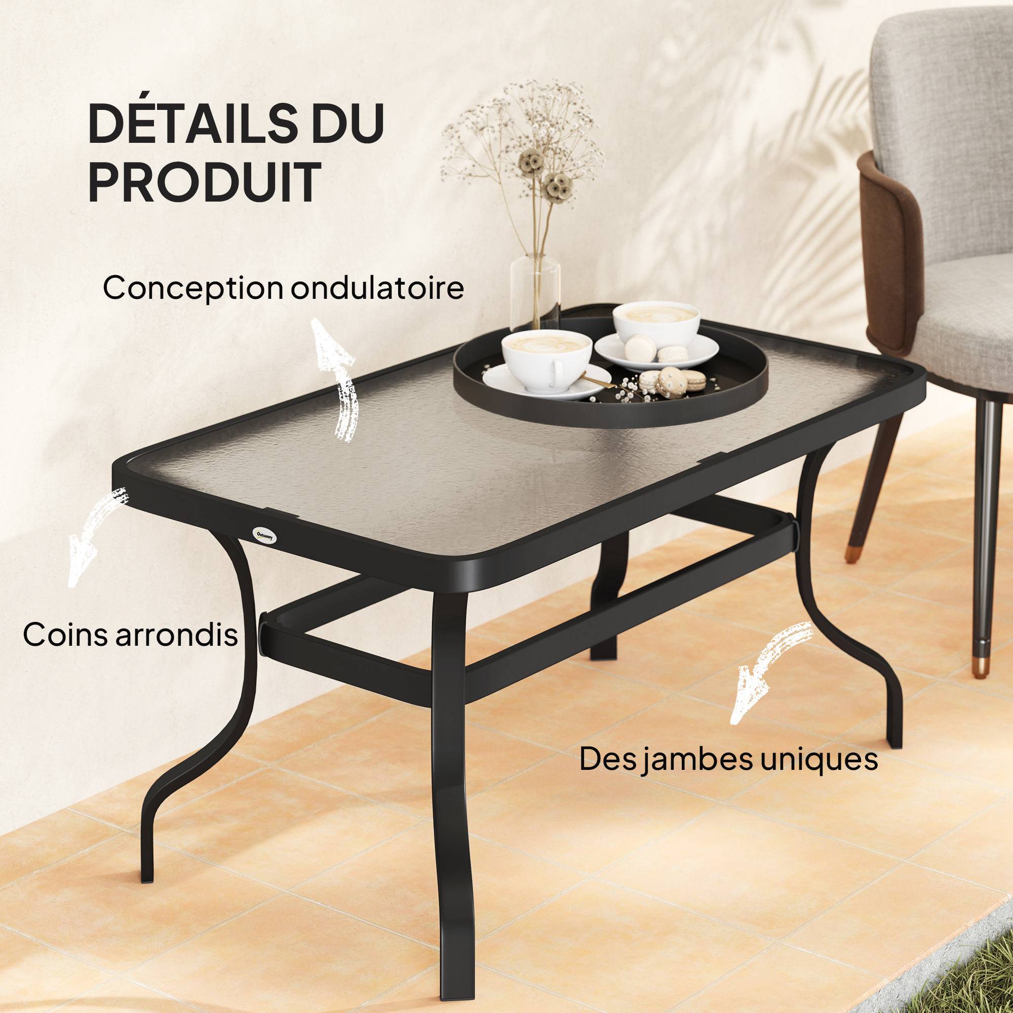 Table basse de jardin table d'appoint de patio avec plateau en verre trempé design à ondulations 95 x 55 x 46 cm noir - Image 8