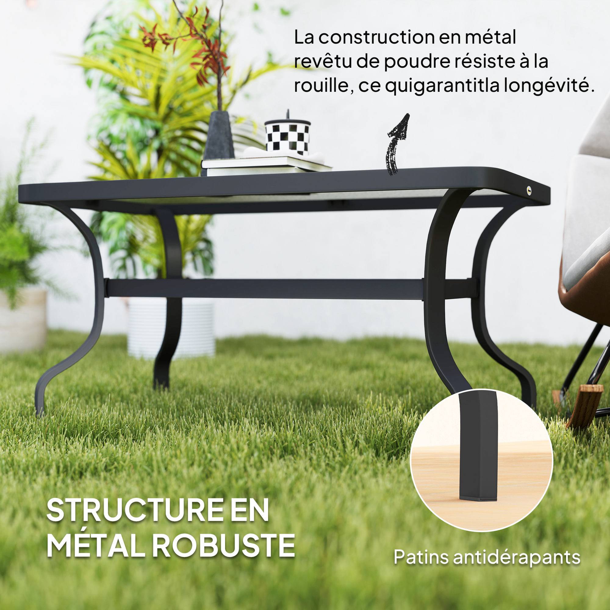 Table basse de jardin table d'appoint de patio avec plateau en verre trempé design à ondulations 95 x 55 x 46 cm noir - Image 7