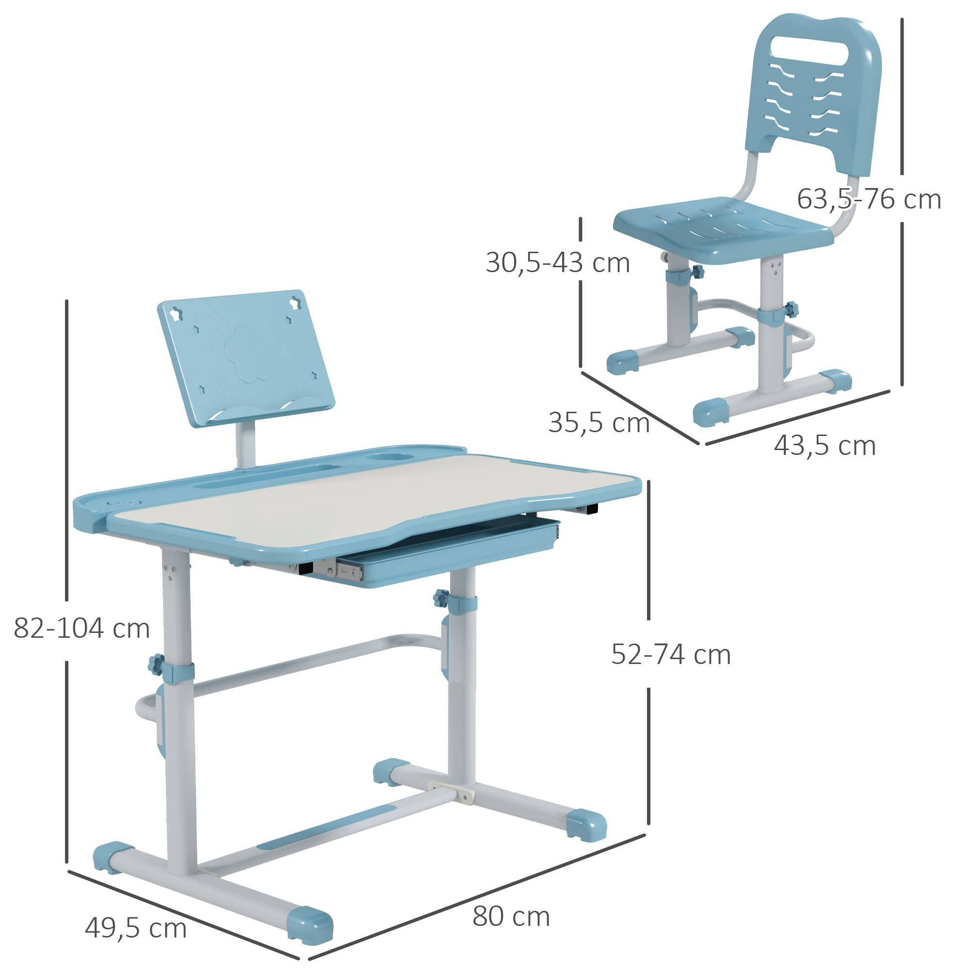 Bureau enfant réglable avec 1 tiroir, 1 étagère et angle de plateau ajustable, 80 x 49,5 x 82-104 cm, bleu et blanc - Image 5