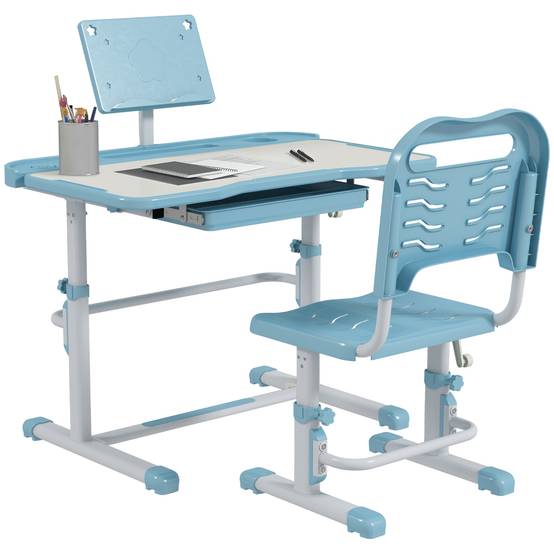 Bureau enfant réglable avec 1 tiroir, 1 étagère et angle de plateau ajustable, 80 x 49,5 x 82-104 cm, bleu et blanc - Image 1