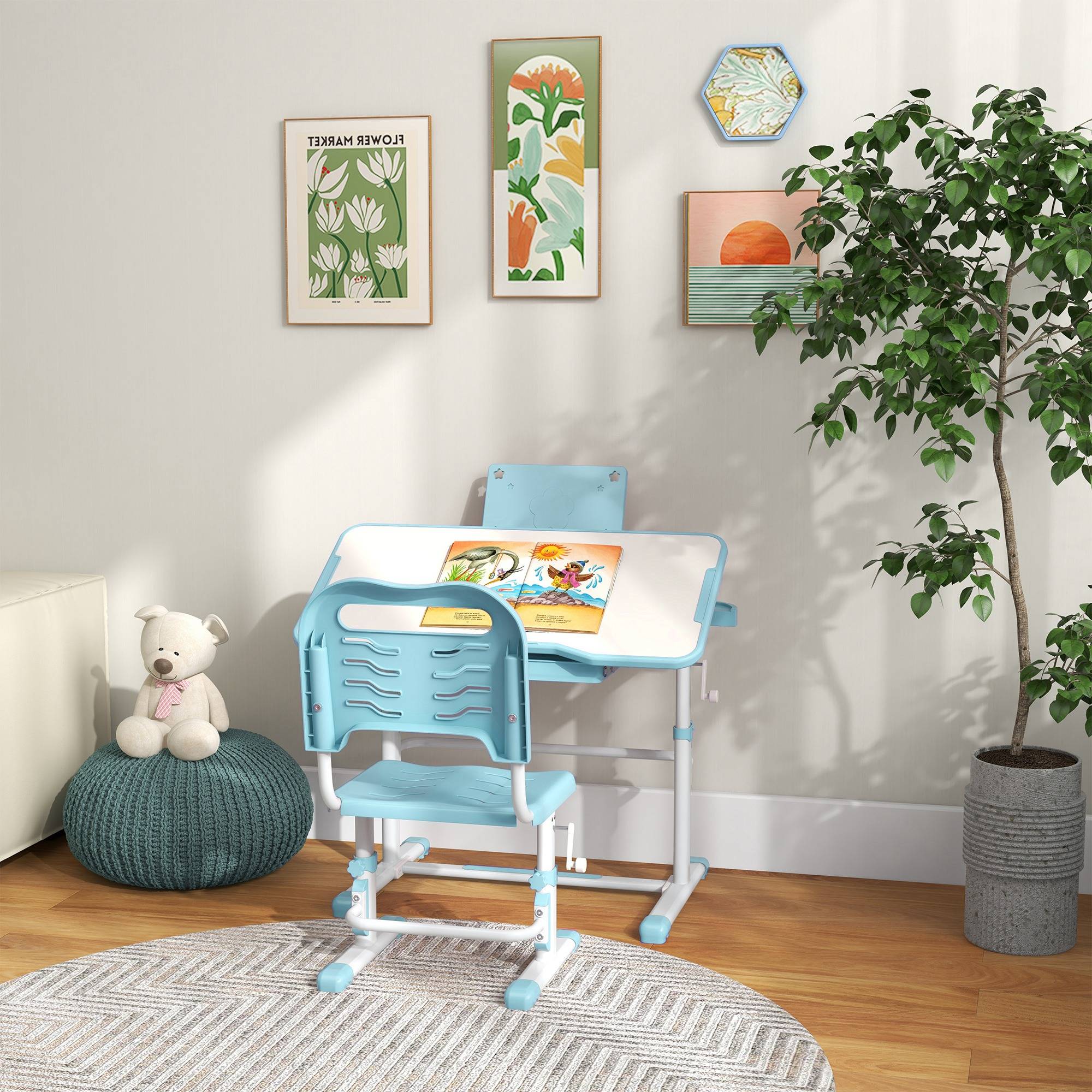 Bureau enfant réglable avec 1 tiroir, 1 étagère et angle de plateau ajustable, 80 x 49,5 x 82-104 cm, bleu et blanc - Image 4