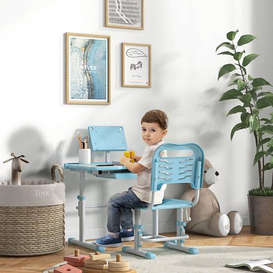 Bureau enfant réglable avec 1 tiroir, 1 étagère et angle de plateau ajustable, 80 x 49,5 x 82-104 cm, bleu et blanc - Image 3