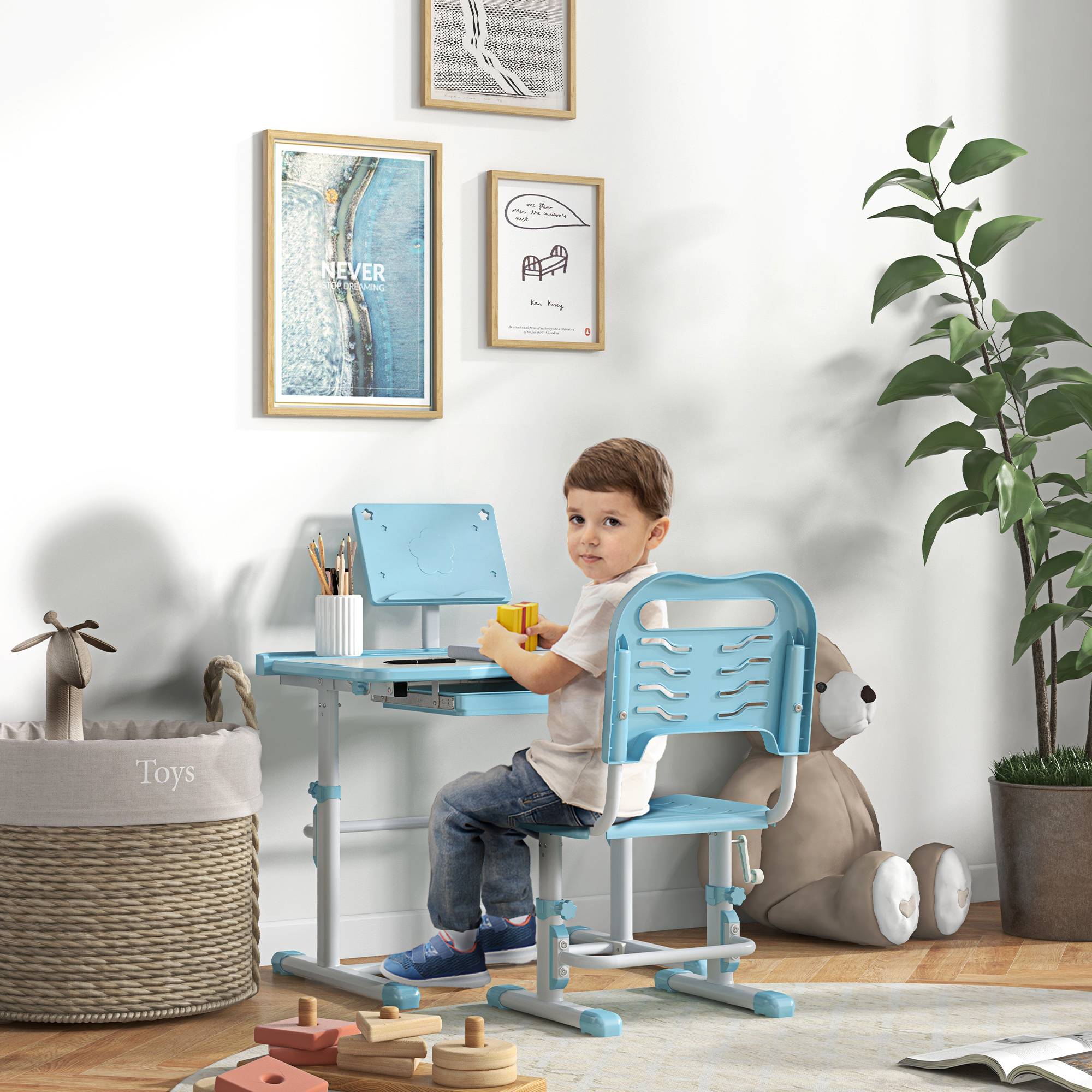 Bureau enfant réglable avec 1 tiroir, 1 étagère et angle de plateau ajustable, 80 x 49,5 x 82-104 cm, bleu et blanc - Image 3