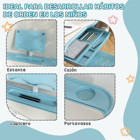 Bureau enfant réglable avec 1 tiroir, 1 étagère et angle de plateau ajustable, 80 x 49,5 x 82-104 cm, bleu et blanc - Image 7