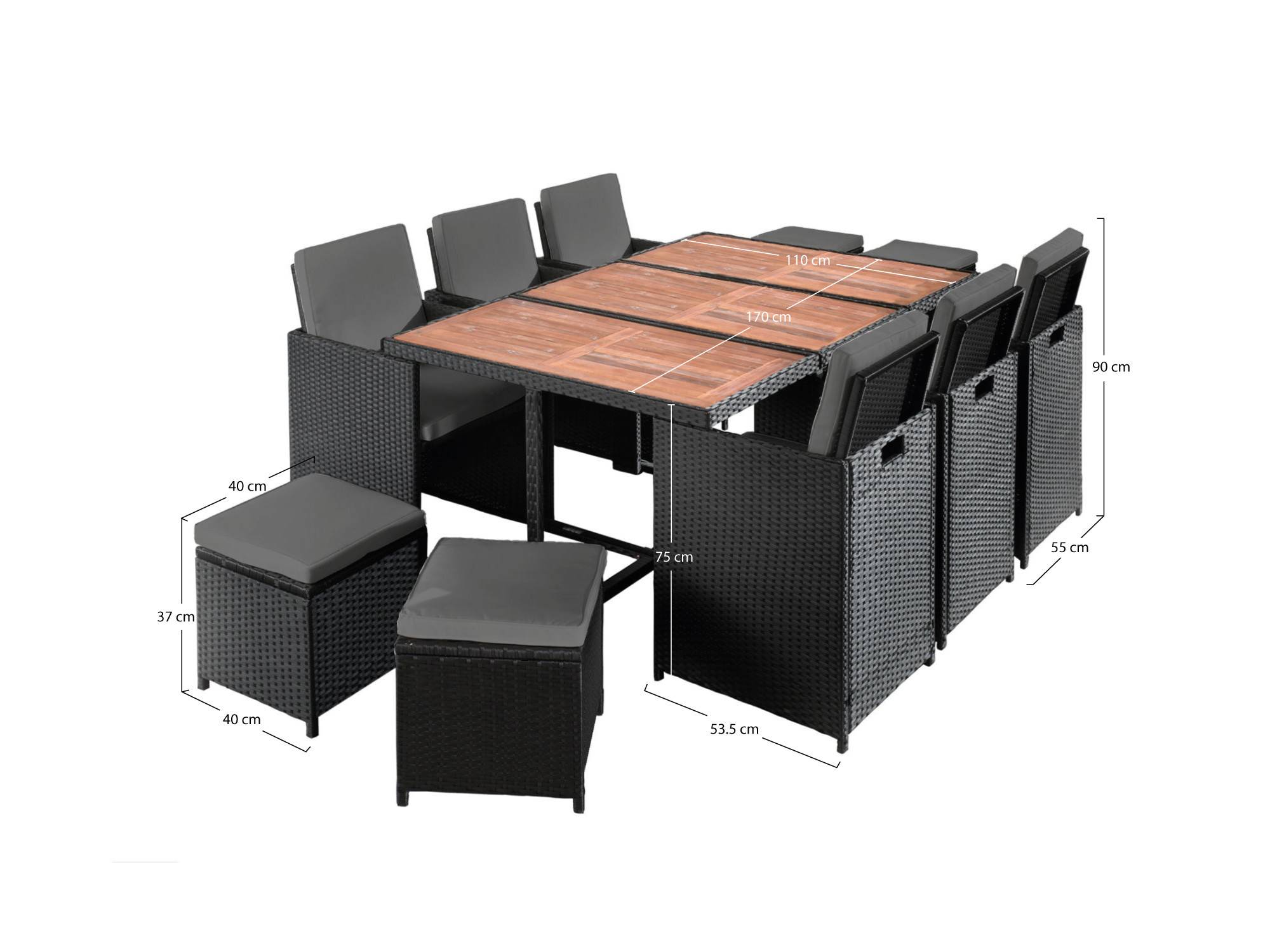 Best Mobilier - Cuba - Salon de jardin encastrable 10 places - en résine tressée - Noir avec coussins beiges + housse de protection - Best Mobilier - Imagen 8