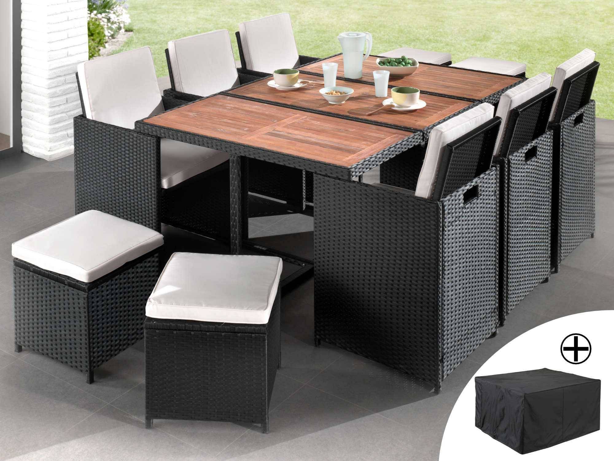 Best Mobilier - Cuba - Salon de jardin encastrable 10 places - en résine tressée - Noir avec coussins beiges + housse de protection - Best Mobilier - Imagen 2