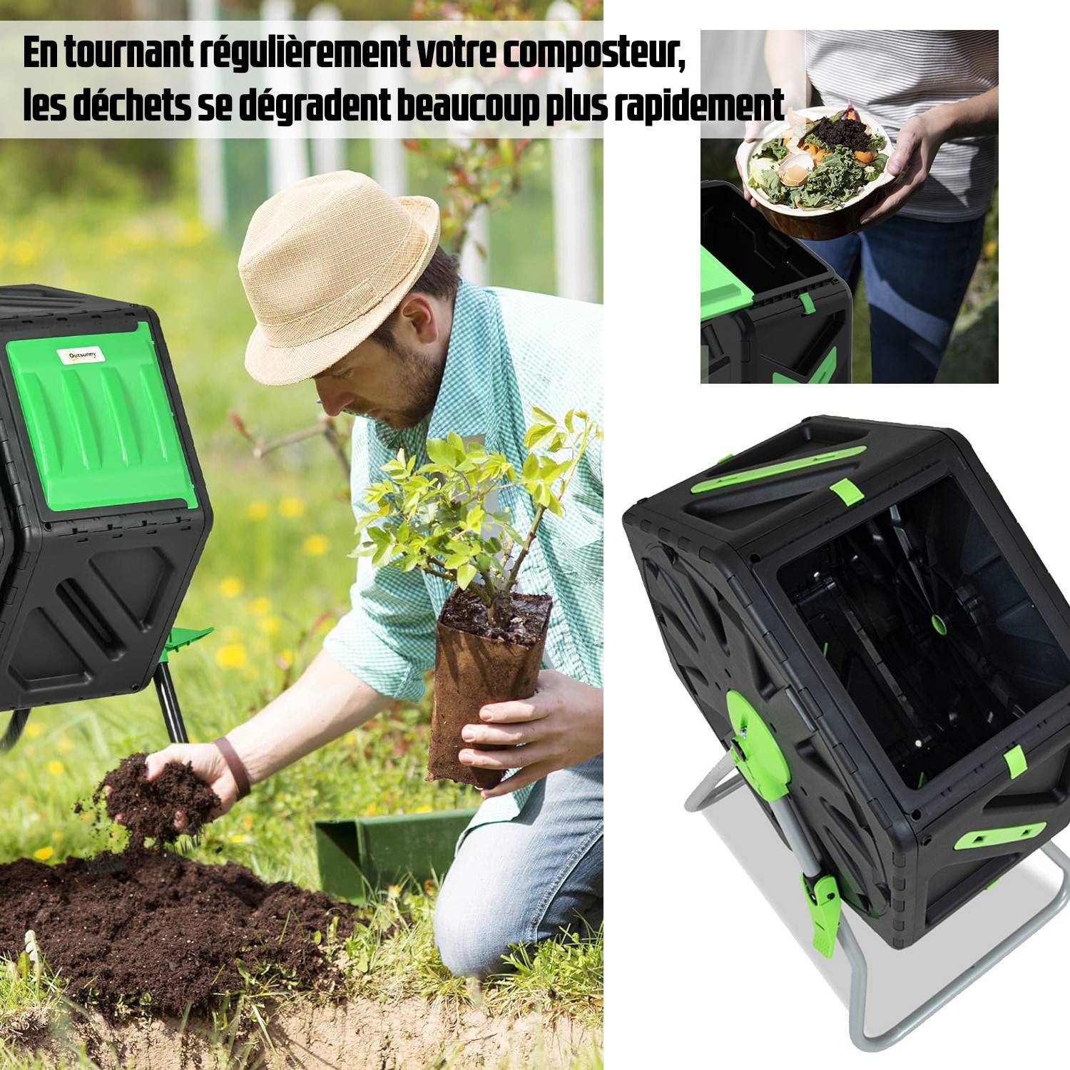 Ribimex - Composteur Bac à compost Rotatif 360° de 70L domestique de jardin,  - décomposition rapide des matières organiques pour engrais - Image 3
