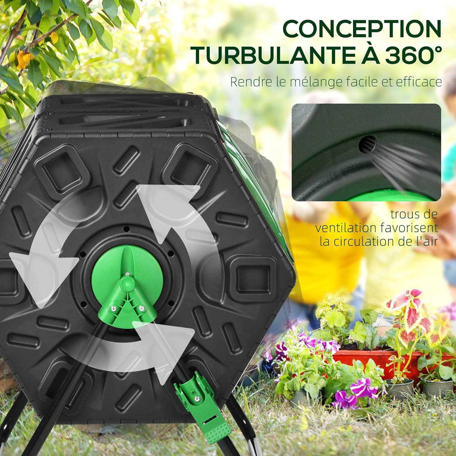 Ribimex - Composteur Bac à compost Rotatif 360° de 70L domestique de jardin,  - décomposition rapide des matières organiques pour engrais - Image 4