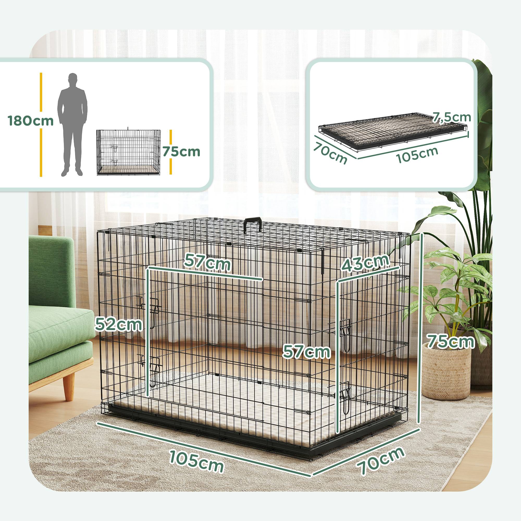 Caisse de transport acier très grand chien pliable accès double 105x70x75cm noir - ComfortXL Outdoor Living - Image 5