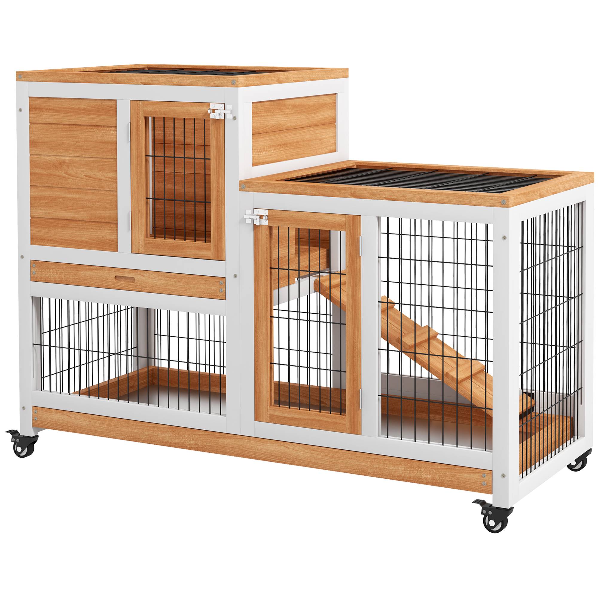 Clapier en bois à 2 niveaux, cage à lapin avec roulettes, rampe et plateaux amovibles, 110 x 50 x 88 cm, naturel - Image 2
