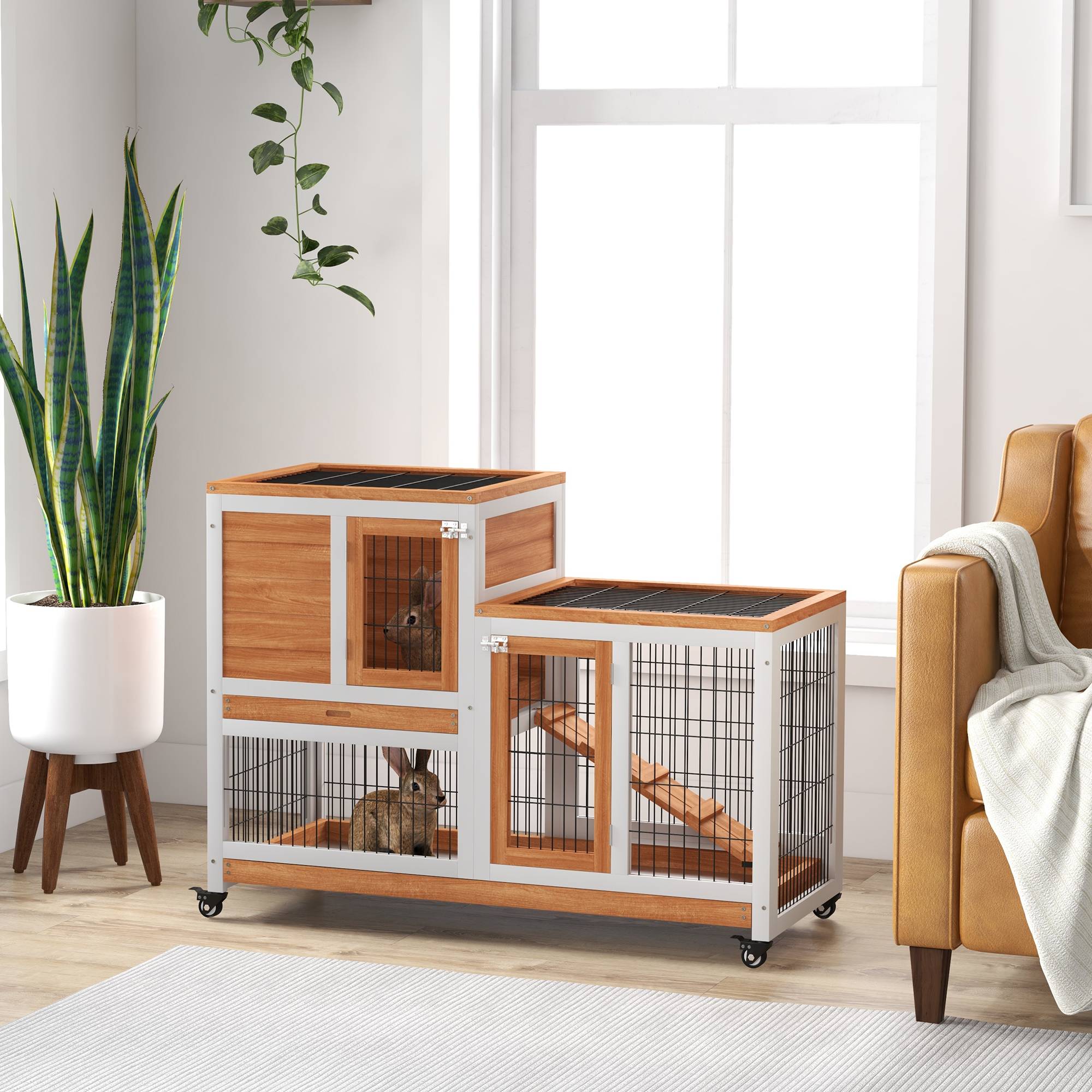 Clapier en bois à 2 niveaux, cage à lapin avec roulettes, rampe et plateaux amovibles, 110 x 50 x 88 cm, naturel - Image 3