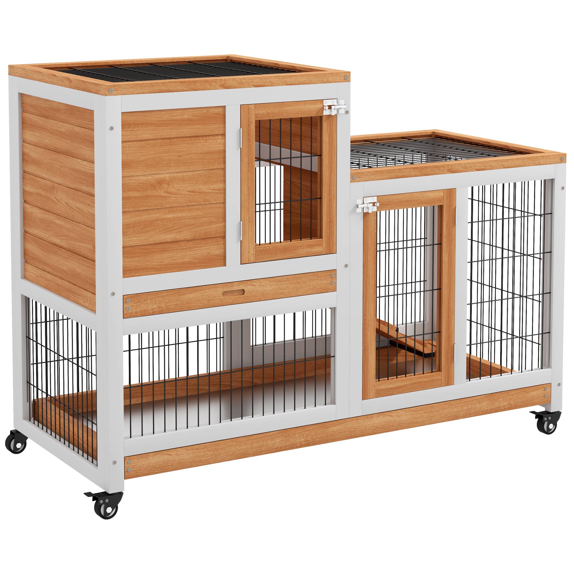 Clapier en bois à 2 niveaux, cage à lapin avec roulettes, rampe et plateaux amovibles, 110 x 50 x 88 cm, naturel - Image 1