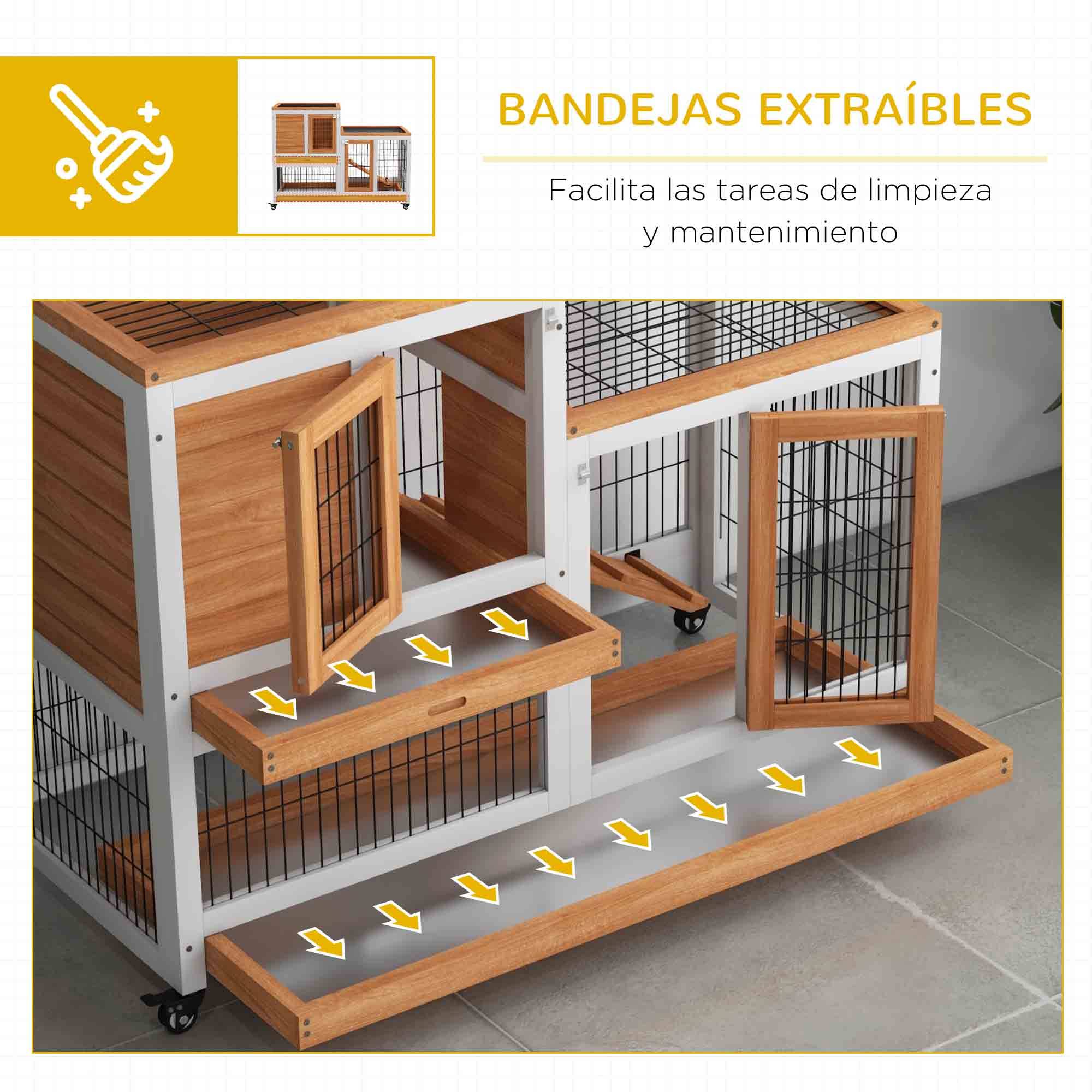 Clapier en bois à 2 niveaux, cage à lapin avec roulettes, rampe et plateaux amovibles, 110 x 50 x 88 cm, naturel - Image 8