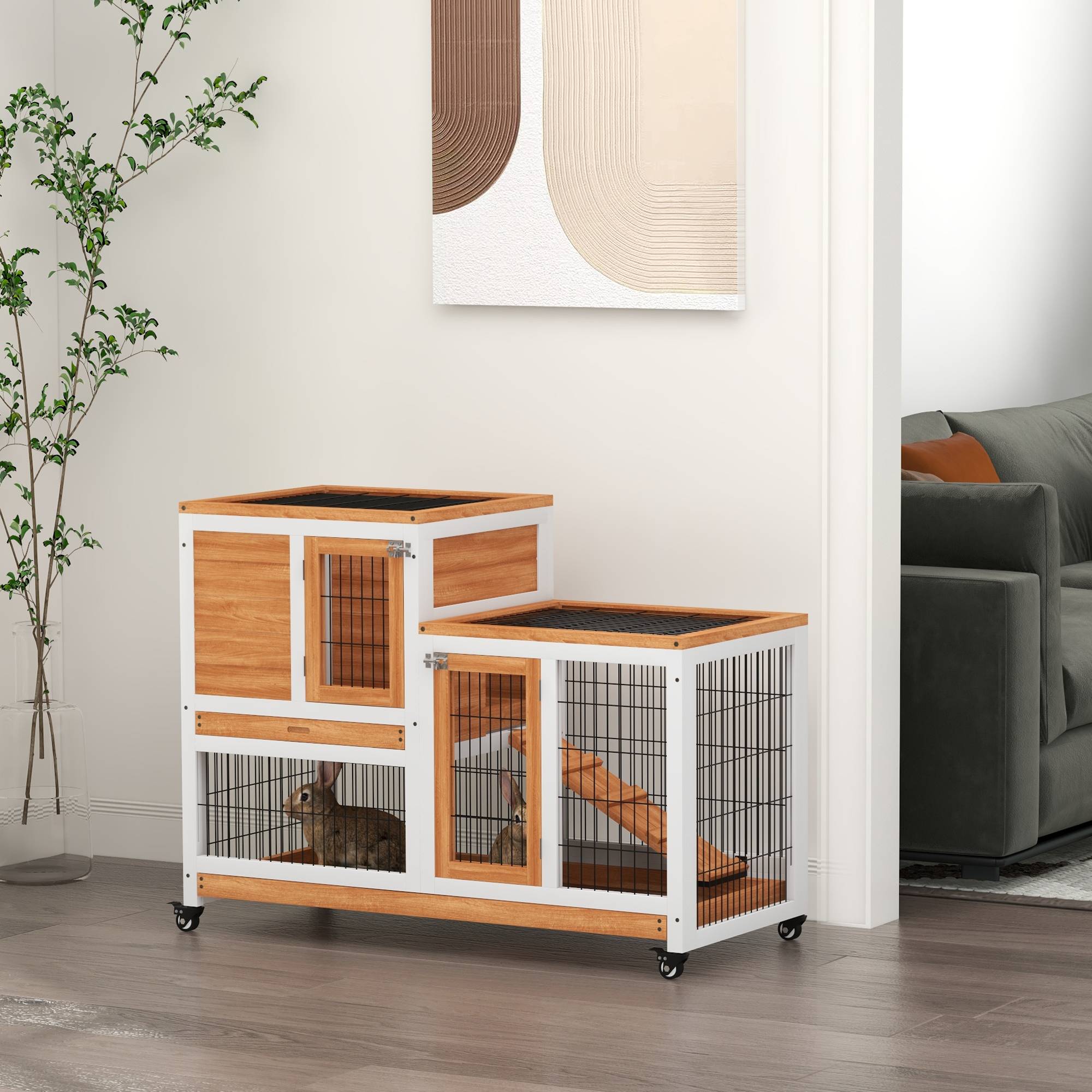 Clapier en bois à 2 niveaux, cage à lapin avec roulettes, rampe et plateaux amovibles, 110 x 50 x 88 cm, naturel - Image 4