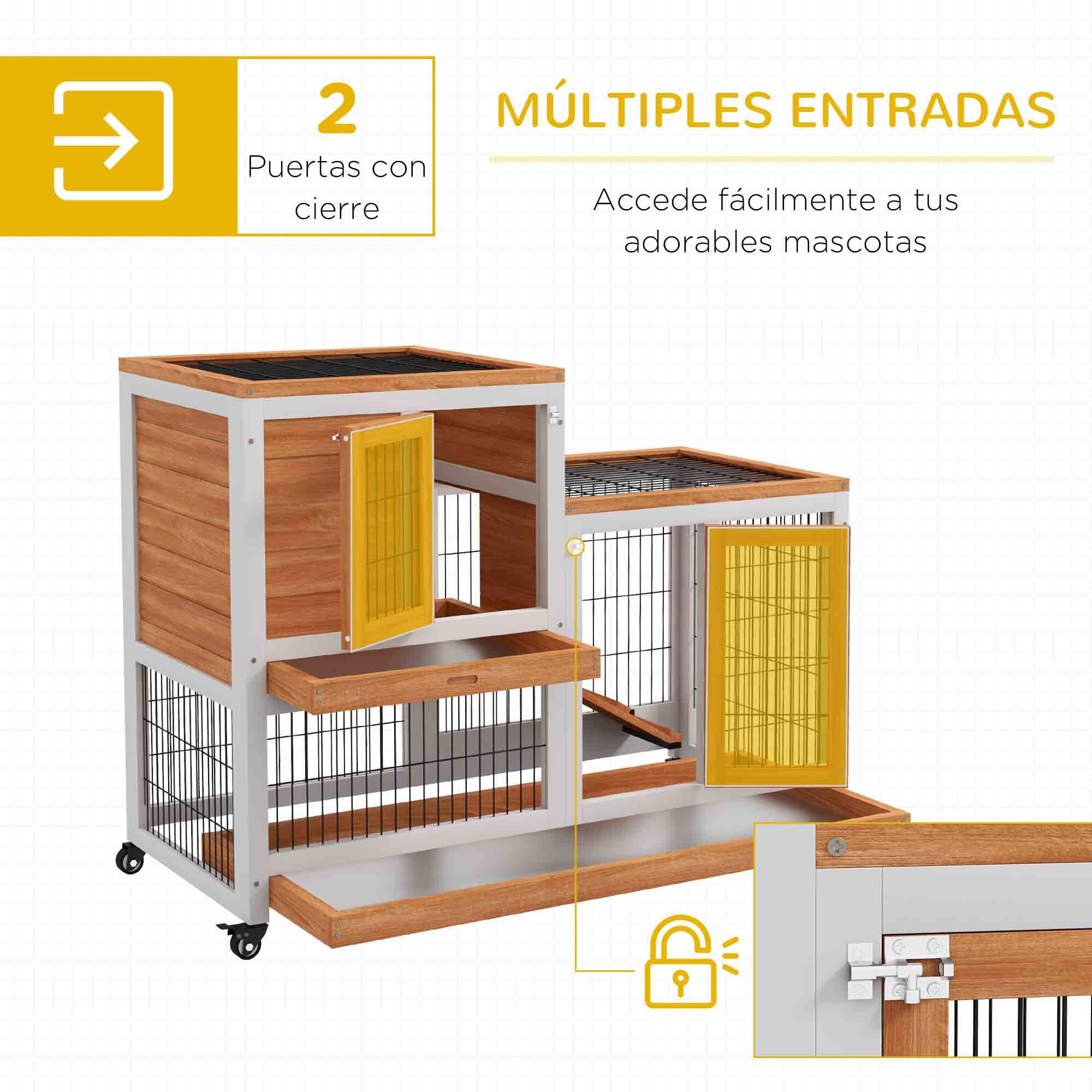 Clapier en bois à 2 niveaux, cage à lapin avec roulettes, rampe et plateaux amovibles, 110 x 50 x 88 cm, naturel - Image 7
