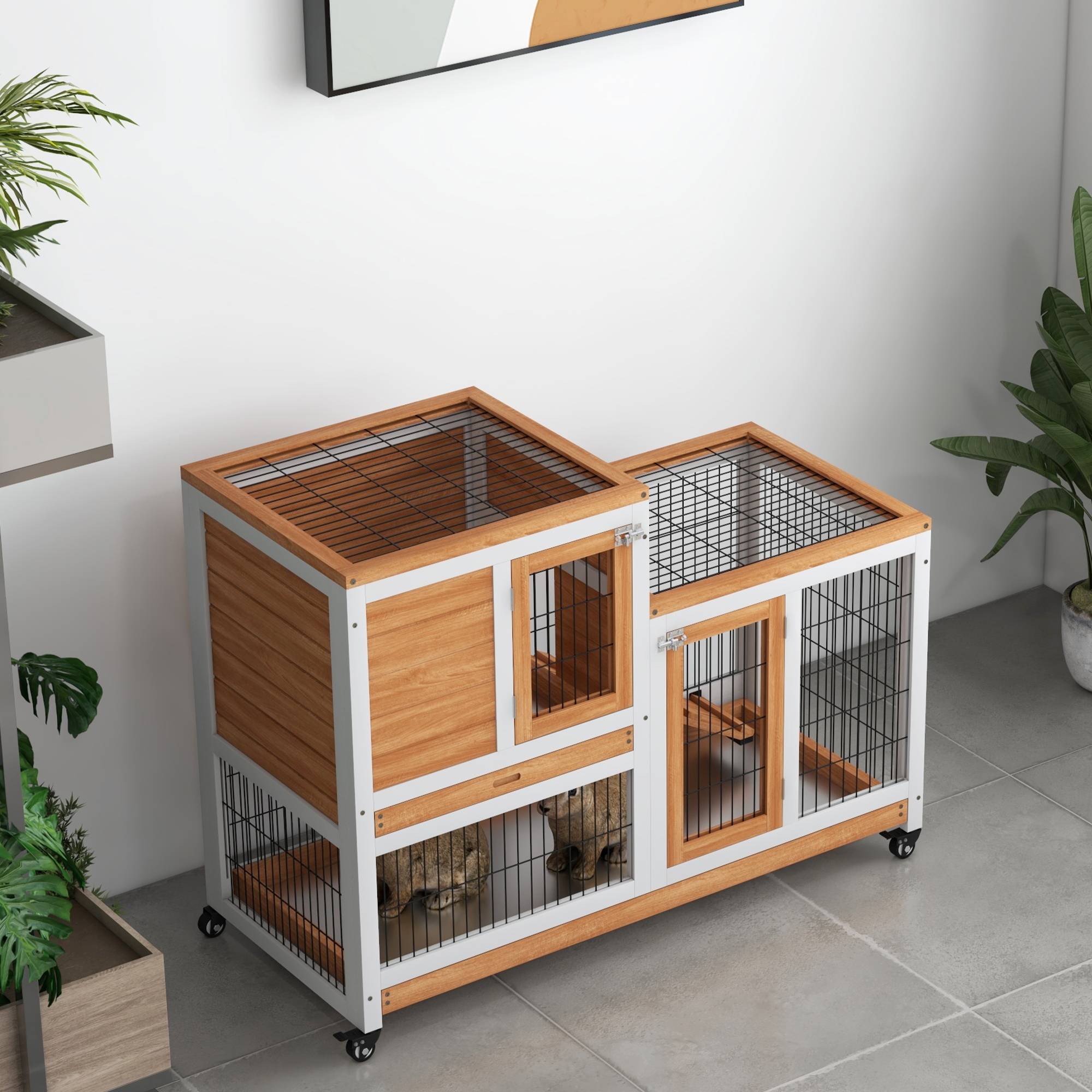 Clapier en bois à 2 niveaux, cage à lapin avec roulettes, rampe et plateaux amovibles, 110 x 50 x 88 cm, naturel - Image 10