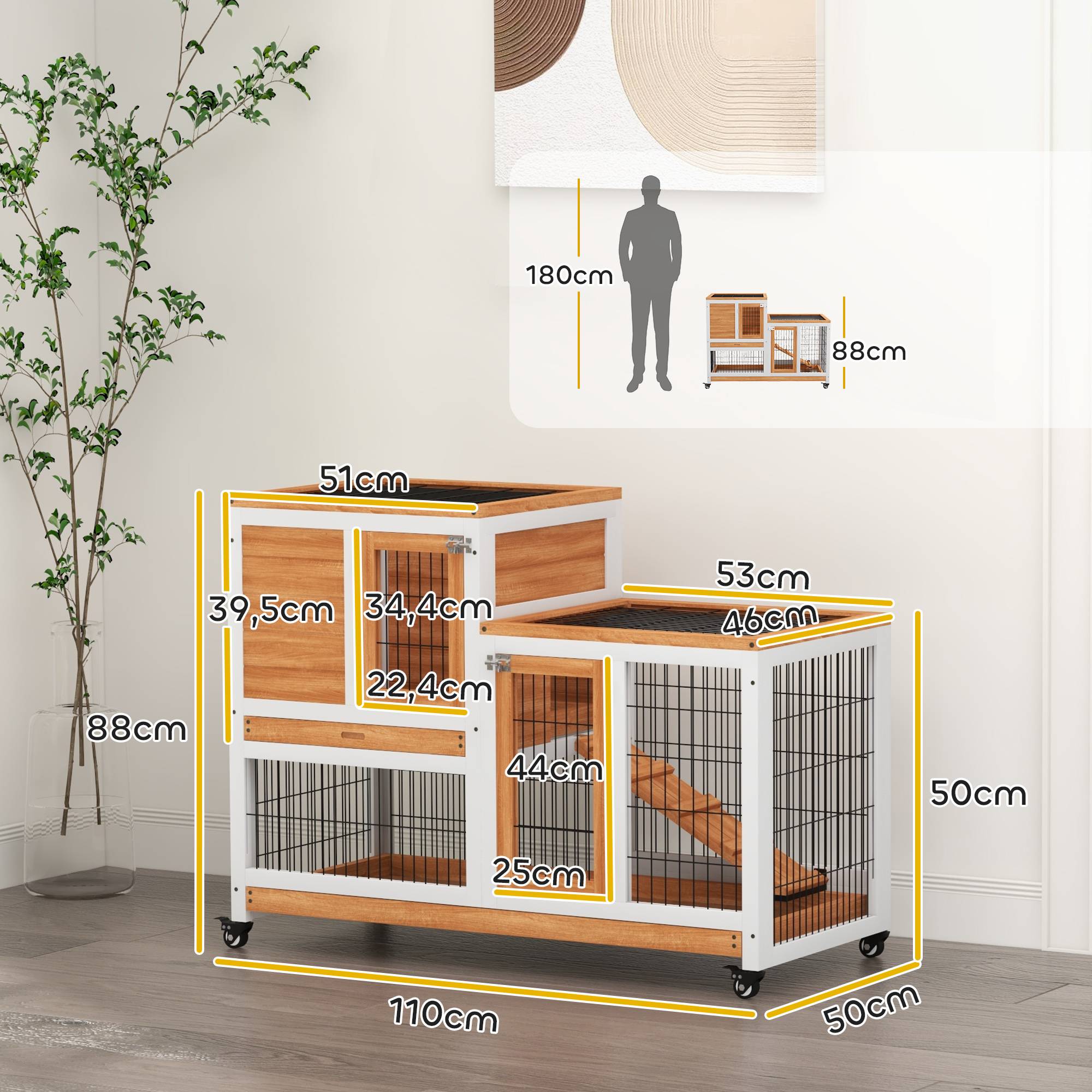 Clapier en bois à 2 niveaux, cage à lapin avec roulettes, rampe et plateaux amovibles, 110 x 50 x 88 cm, naturel - Image 5