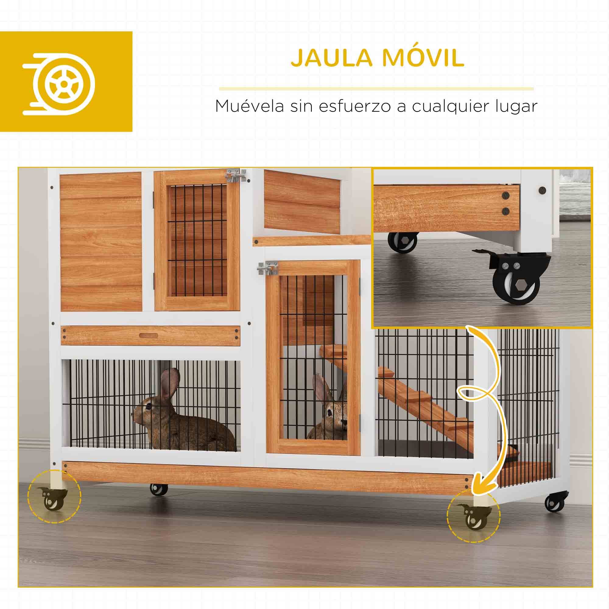 Clapier en bois à 2 niveaux, cage à lapin avec roulettes, rampe et plateaux amovibles, 110 x 50 x 88 cm, naturel - Image 9