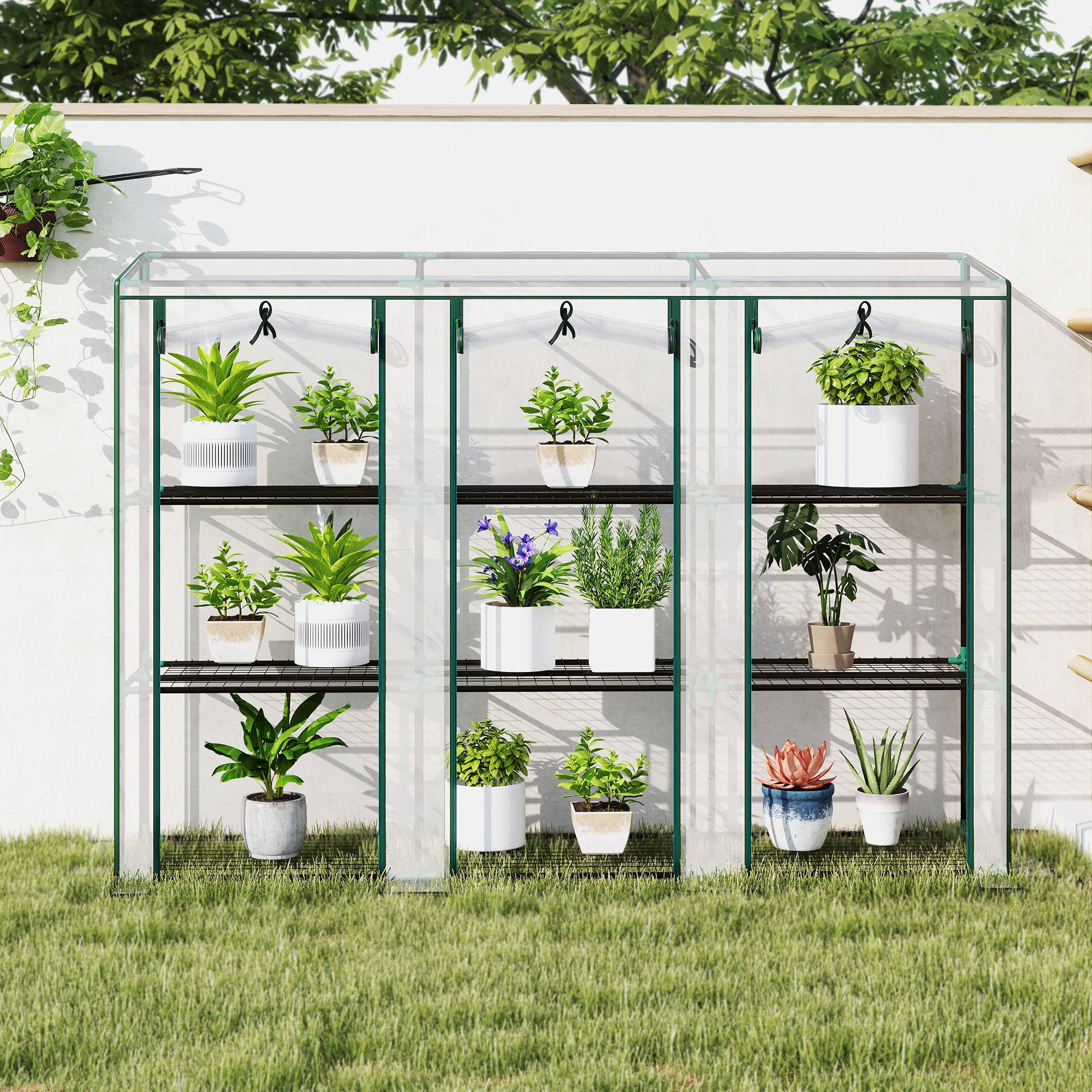Outsunny - Serre de jardin balcon PE avec étagères 3 niveaux 2 portes bâche renforcée 140g/m² acier 215x46x151cm transparent - Outsunny - Image 8