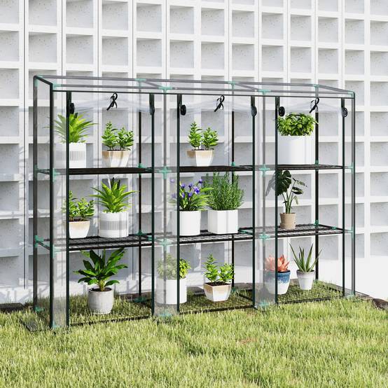 Outsunny - Serre de jardin balcon PE avec étagères 3 niveaux 2 portes bâche renforcée 140g/m² acier 215x46x151cm transparent - Outsunny - Image 9