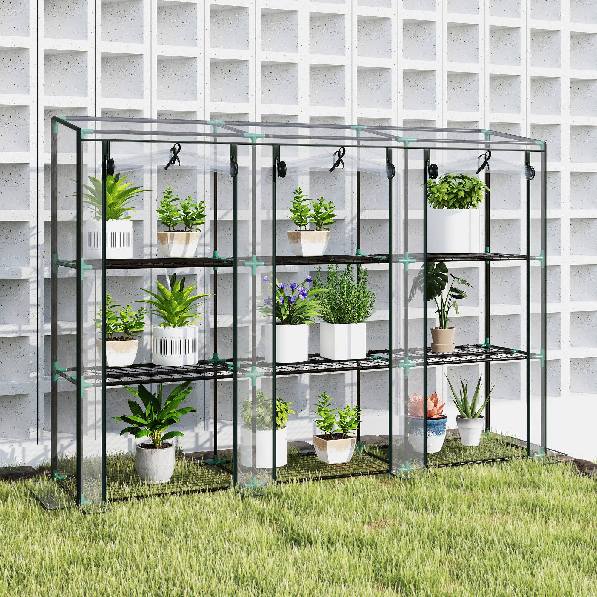 Outsunny - Serre de jardin balcon PE avec étagères 3 niveaux 2 portes bâche renforcée 140g/m² acier 215x46x151cm transparent - Outsunny - Image 9